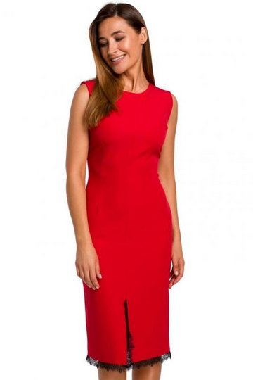 Elegancka sukienka ołówkowa midi rozcięcie na dole i koronka czerwona