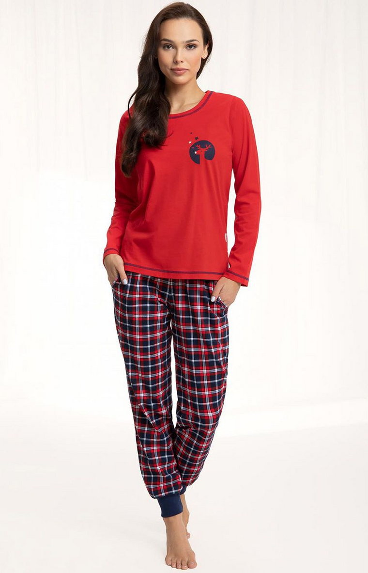 Luna bawełniana piżama damska czerwona z reniferem 625, Kolor czerwony-wzór, Rozmiar 3XL, Luna