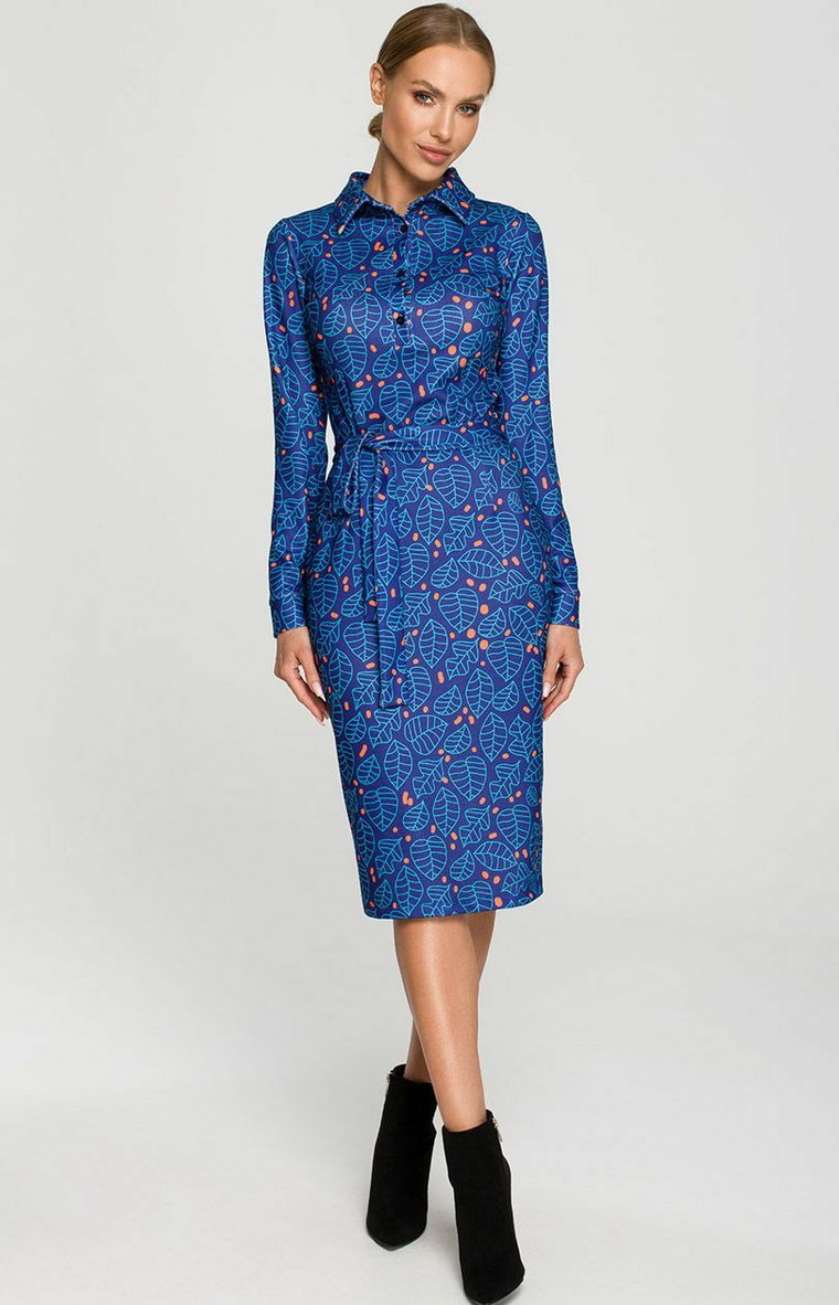 Sukienka ołówkowa z nadrukiem i kołnierzykiem M706/1, Kolor niebieski-wzór, Rozmiar L, MOE
