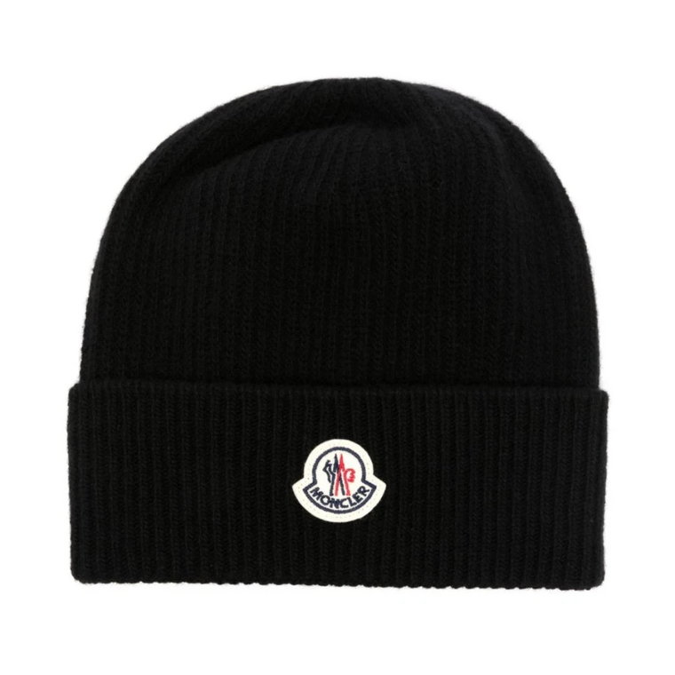 Czarna wełniana czapka z kaszmiru z naszywką z logo Moncler
