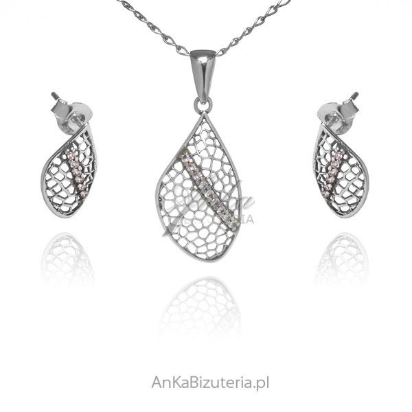 AnKa Biżuteria, Komplet biżuteria srebrna ażurowa z białymi cyrkoni