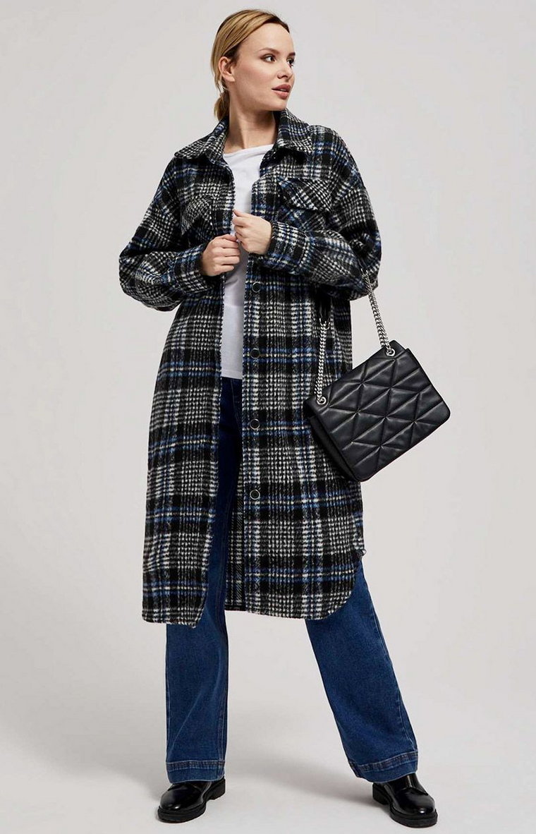 Długi jednorzędowy płaszcz w kratę 4203, Kolor czarny-wzór, Rozmiar XS, Moodo