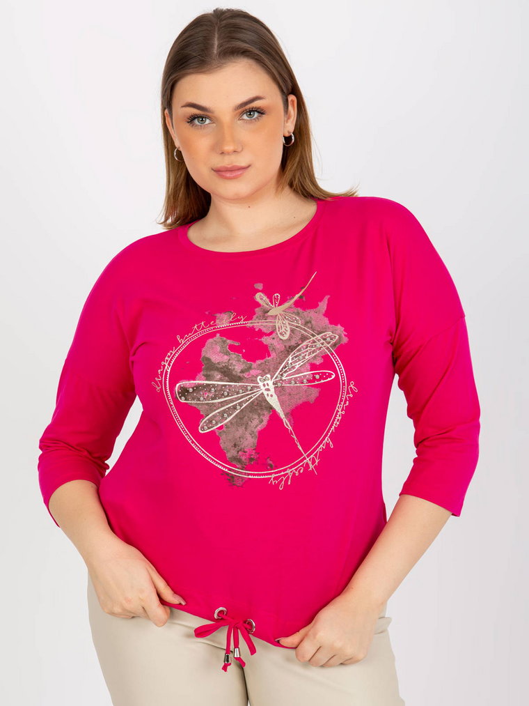 Bluzka plus size fuksjowy casual codzienna dekolt okrągły rękaw 3/4 dżety