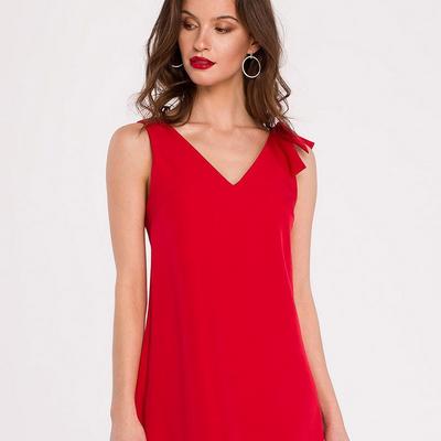 K128 Gładka sukienka z kokardą na ramieniu, Kolor czerwony, Rozmiar XXL, makover