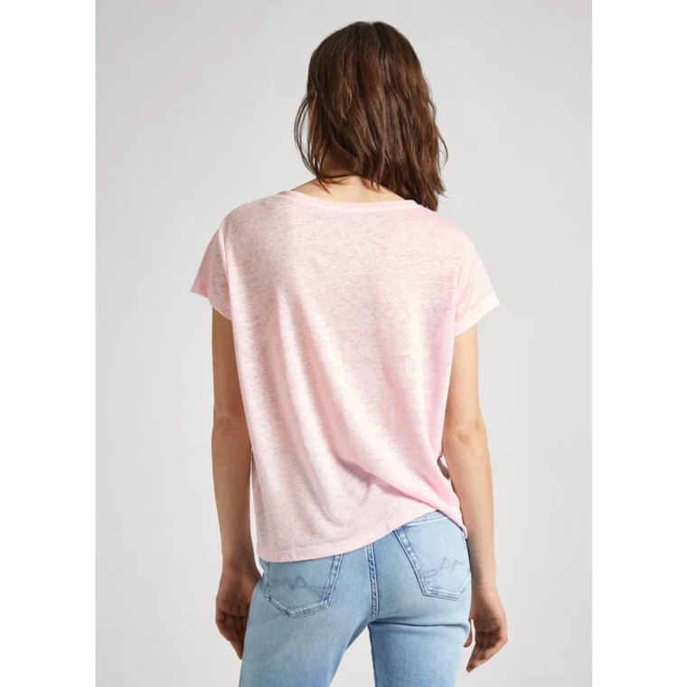 Różowy lniany T-shirt z dekoltem V Pepe Jeans