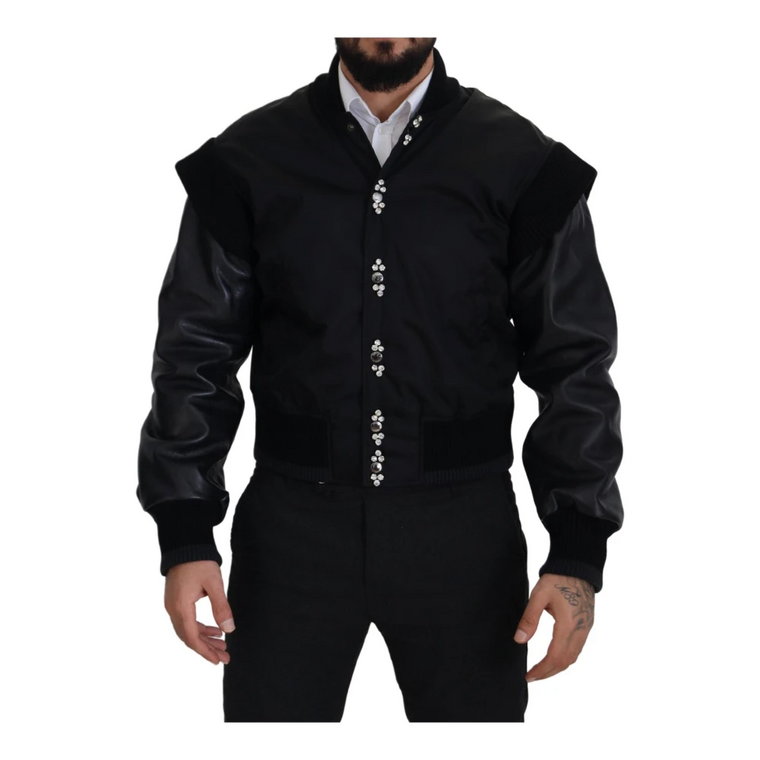 Black Nylon Crystals Coat Buttons Jacket Dolce & Gabbana