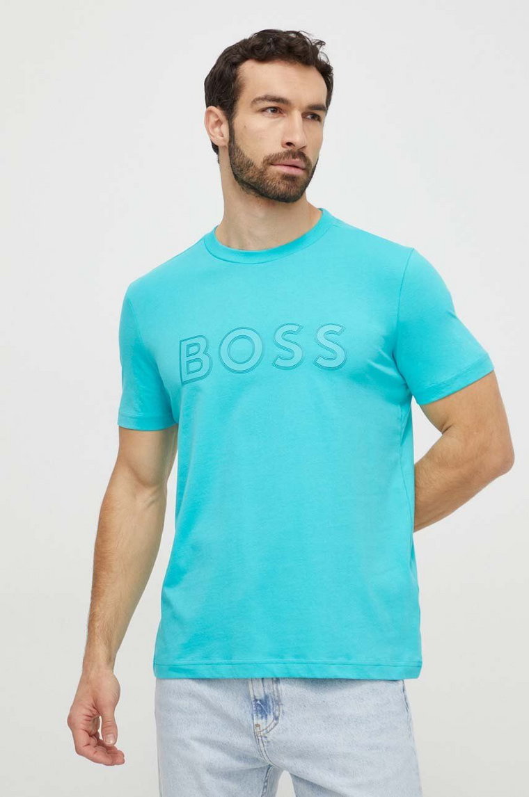 Boss Green t-shirt bawełniany męski kolor zielony z aplikacją