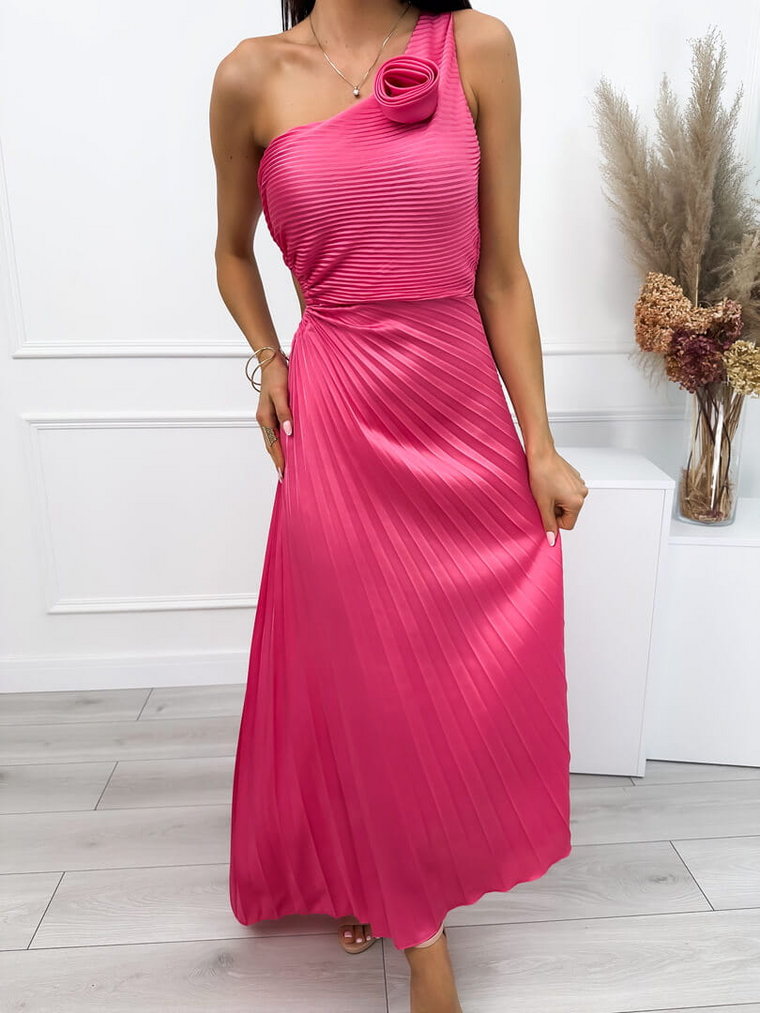 Różowa Plisowana Sukienka Maxi z Ozdobą