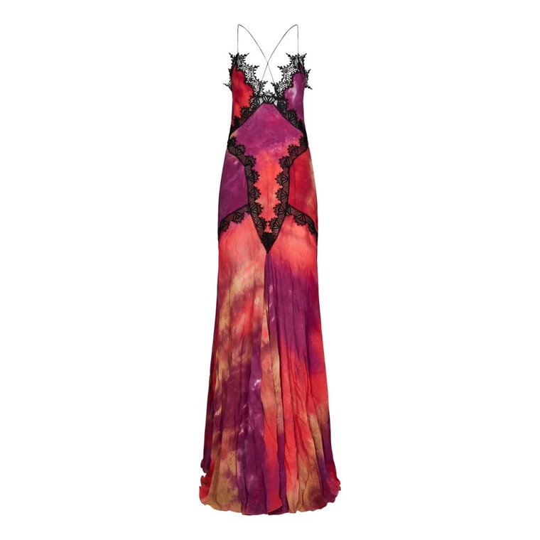 Fioletowa Sukienka z Efektem Tie-Dye i Czarnymi Wstawkami z Koronki Roberto Cavalli