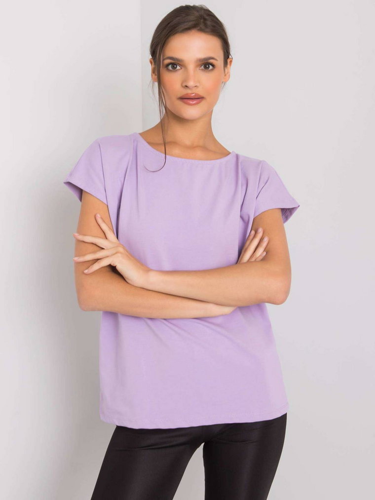 T-shirt jednokolorowy jasny fioletowy casual dekolt okrągły sznurowany rękaw krótki