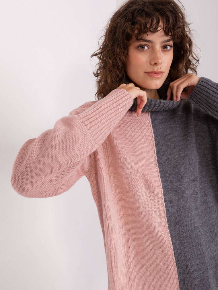 Sweter z golfem szaro-różowy casual dekolt golf rękaw długi długość długa