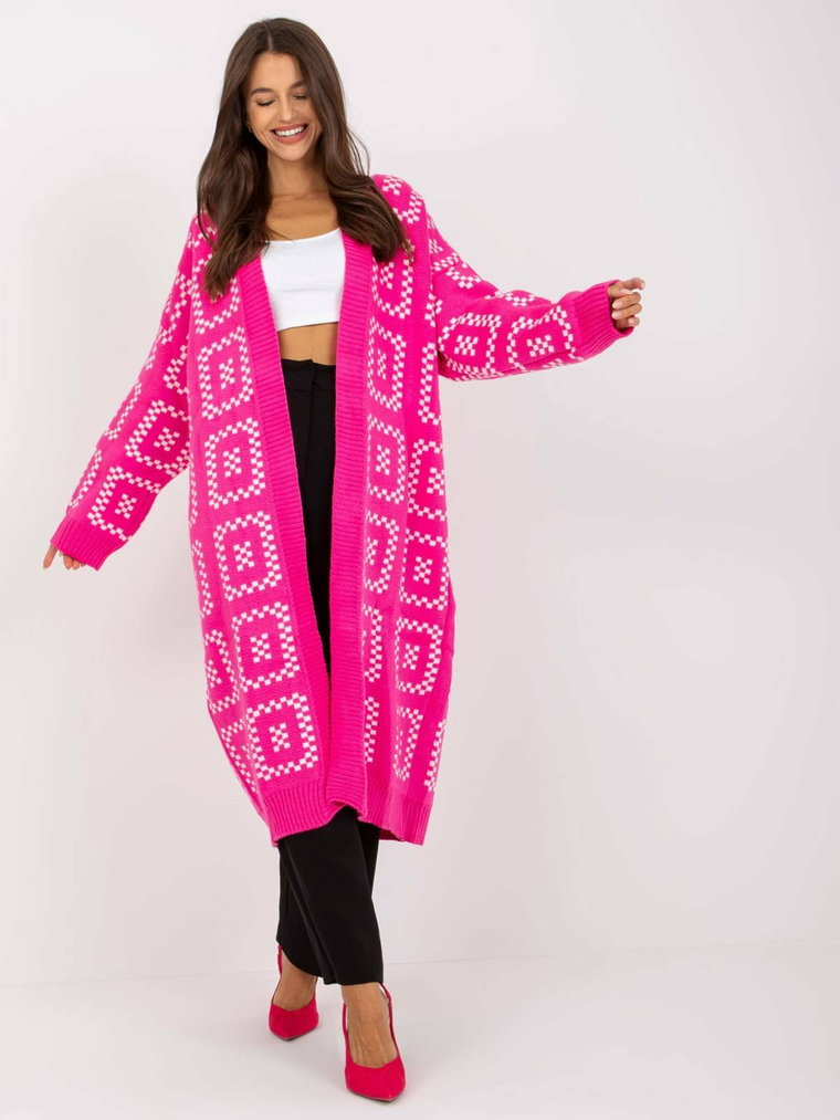 Sweter kardigan fluo różowy casual narzutka rękaw długi długość długa