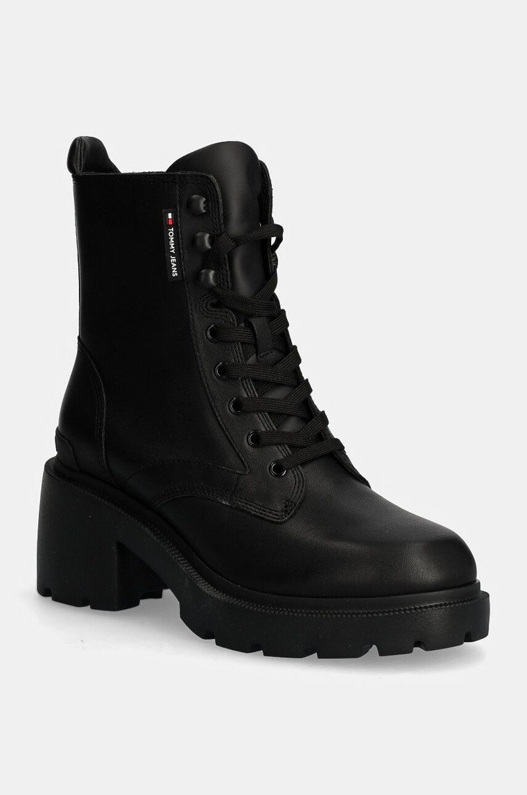 Tommy Jeans botki TJW MID HEEL BOOT LEATHER damskie kolor czarny na słupku EN0EN02640