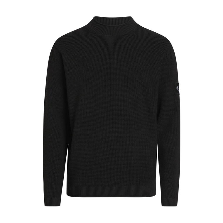 Czarny Sweter z Logo i Wykończeniem w Prążki Calvin Klein