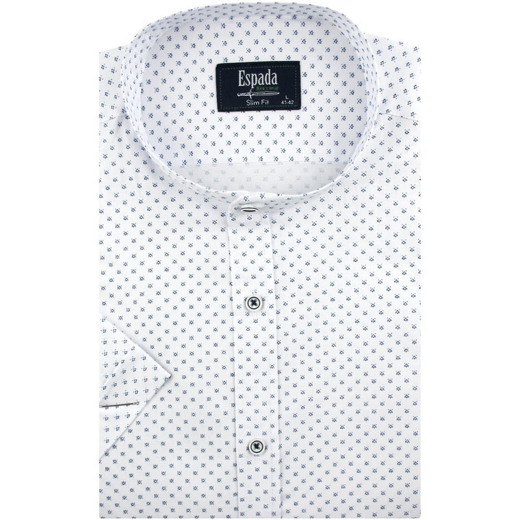 Koszula Męska Codzienna ze stójką biała we wzorki z krótkim rękawem w kroju SLIM FIT Espada Men's Wear P003