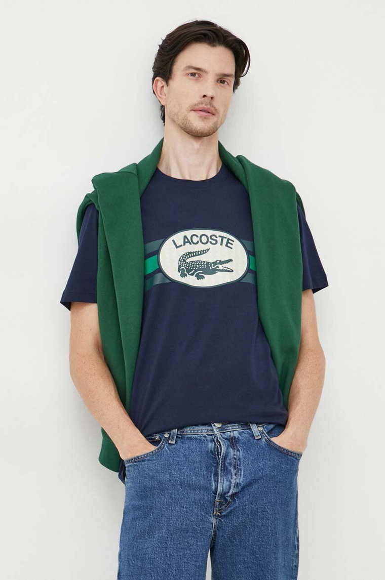 Lacoste t-shirt bawełniany kolor granatowy z nadrukiem