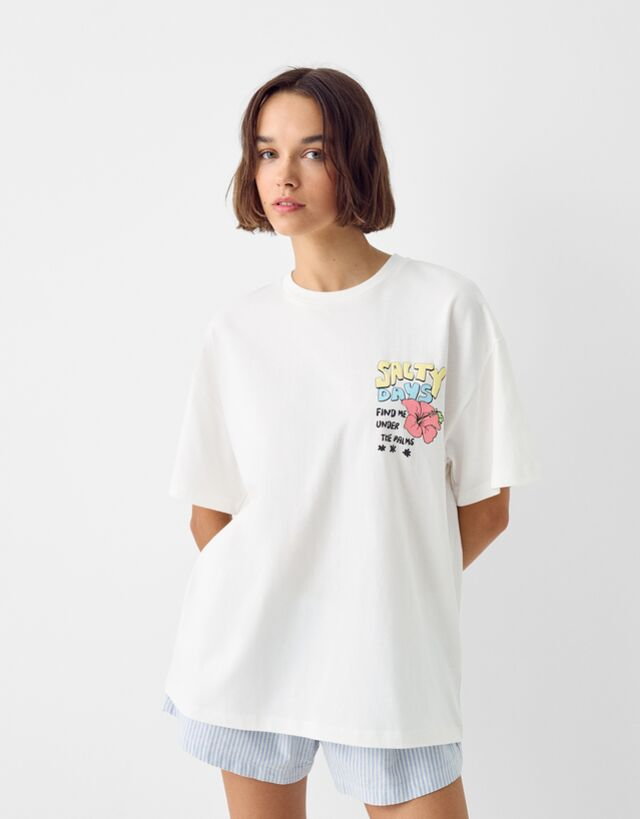 Bershka Wzorzysta Koszulka Oversize Z Krótkim Rękawem Kobieta M Kremowy