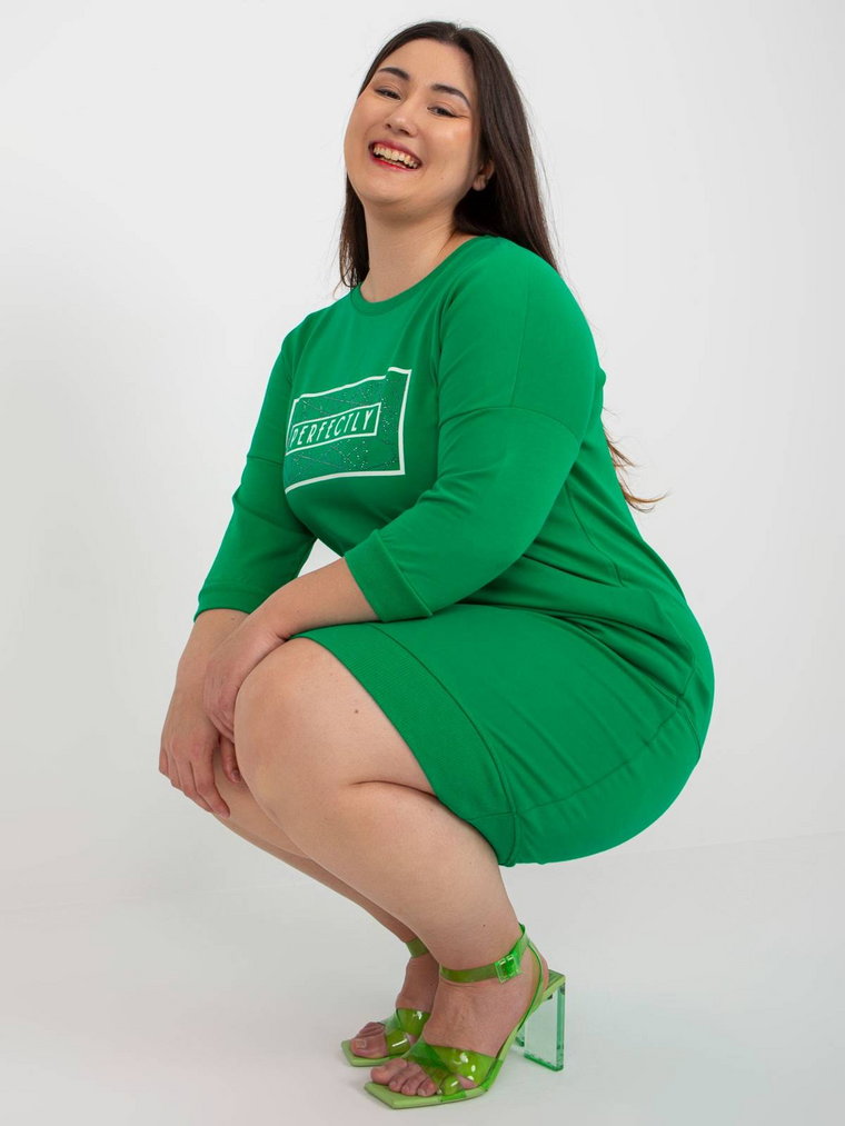 Tunika plus size zielony sukienka codzienna dresowa dekolt okrągły rękaw 3/4 długość midi dżety kieszenie