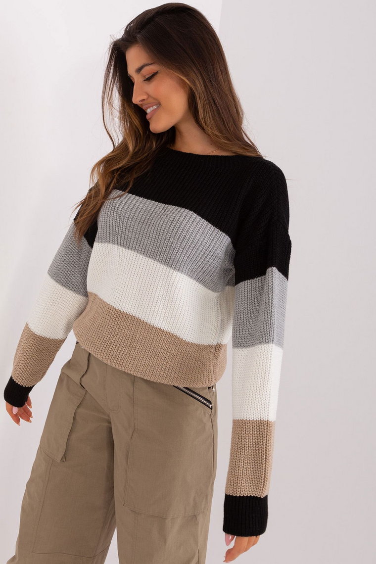 Czarno-ecru damski sweter oversize w paski