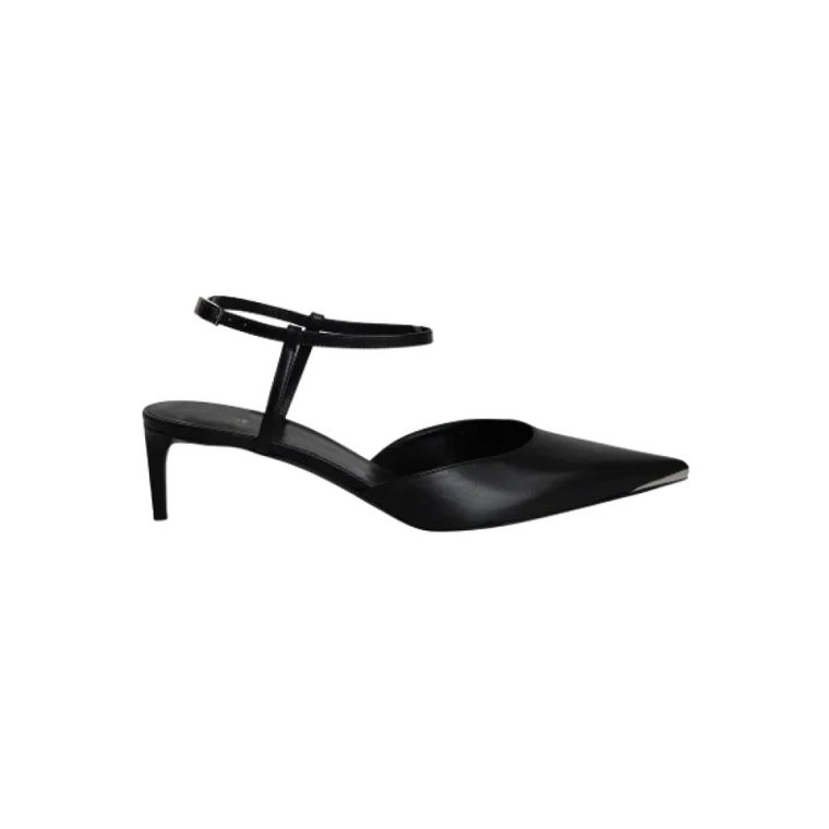 Czarne skórzane Kitten Heel Slingbacks z metalowym noskiem Celine