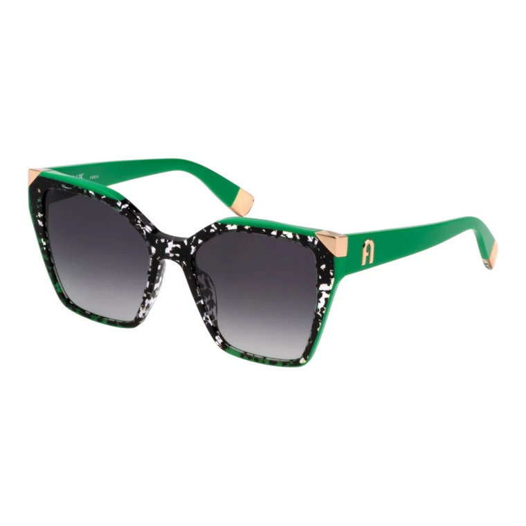 Geometryczne okulary przeciwsłoneczne z czarną ramką marmurową i zielonym profilem Furla