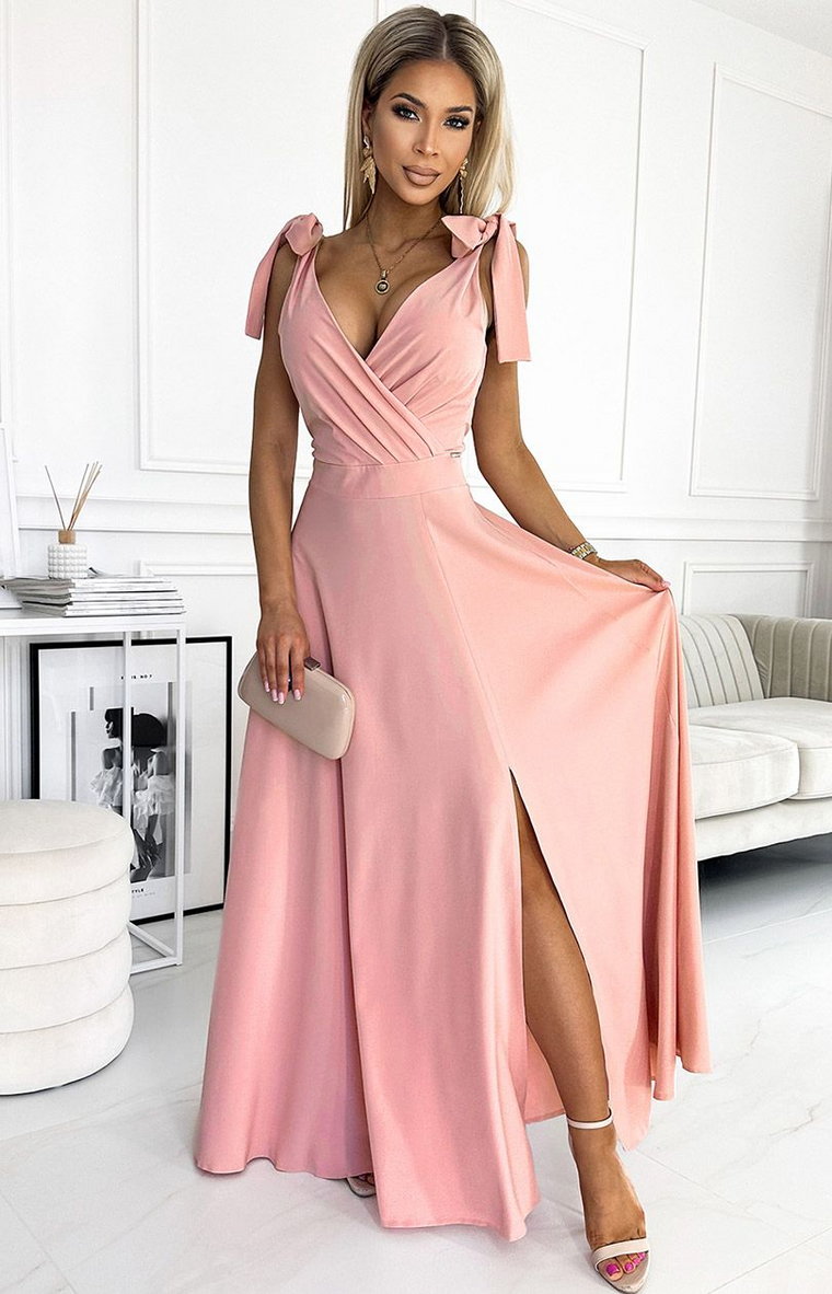 Długa suknia z wiązaniami na ramionach różowa 405-3 Elena, Kolor brudny róż, Rozmiar L, Numoco