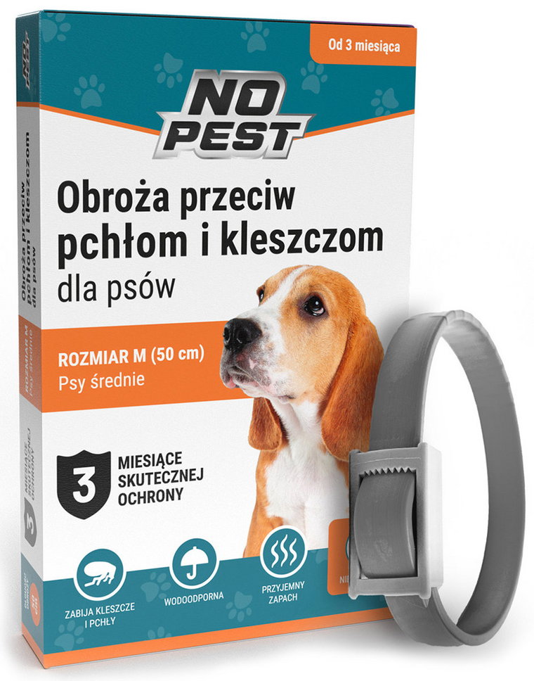 Obroża przeciw Pchłom i Kleszczom NO PEST dla Średnich Psów (50 cm) Wodoodporna Obroża na Kleszcze i Pchły