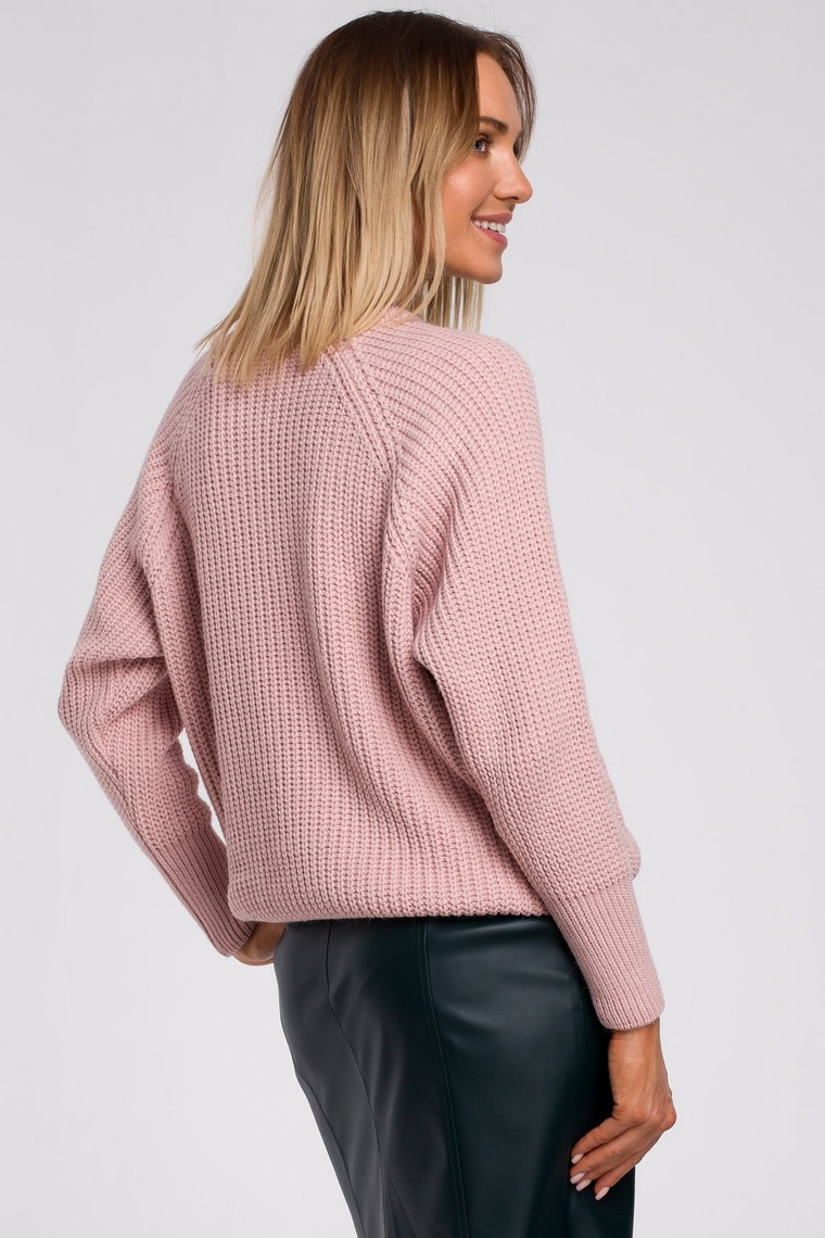 Sweter prążek pod szyję - różowy