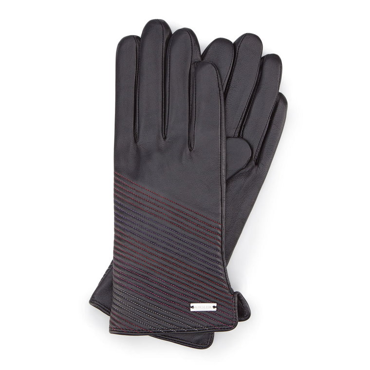 Damskie rękawiczki skórzane ze skośnymi przeszyciami czarne