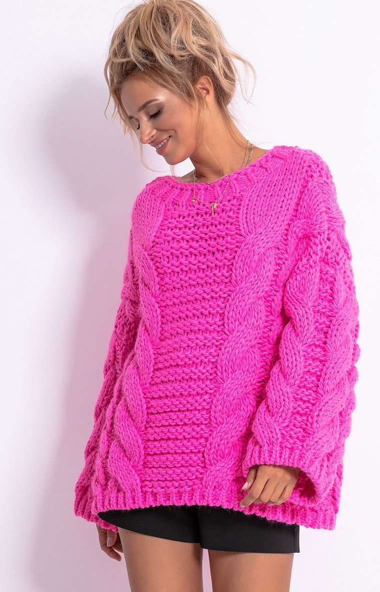 Sweter z wełną w kolorze różowym CHUNKY KNIT F780, Kolor różowy, Rozmiar S/M, Fobya