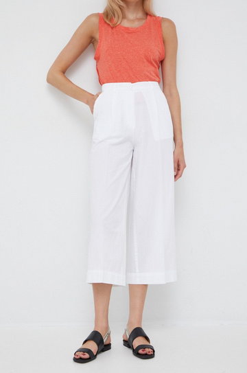 Sisley spodnie bawełniane damskie kolor biały szerokie high waist