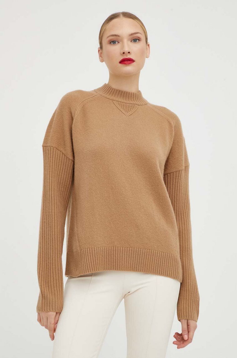 BOSS sweter wełniany damski kolor beżowy