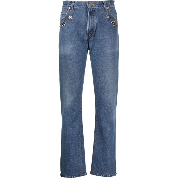 70's Niebieskie Dżinsowe Jeansy z Kryształkami Re/Done