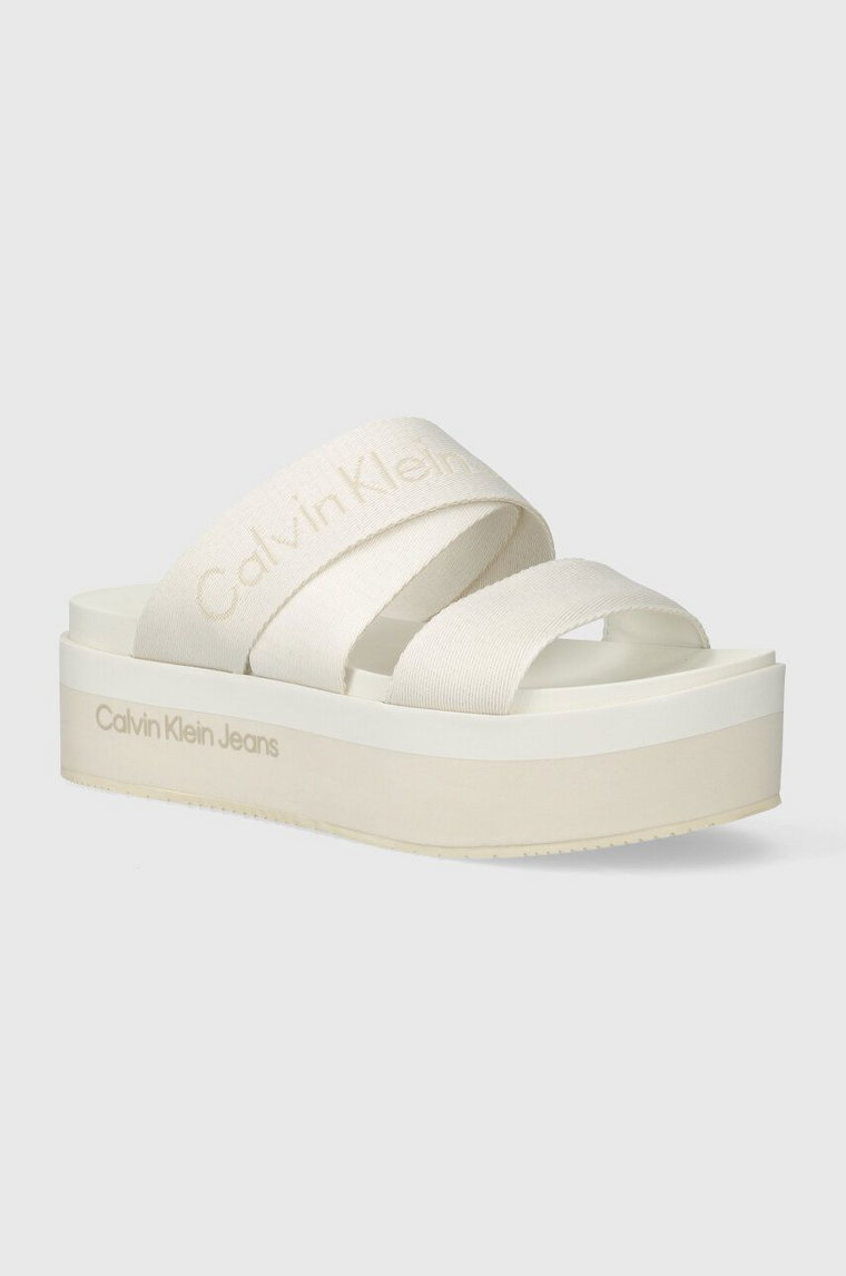 Calvin Klein Jeans klapki FLATFORM SANDAL WEBBING IN MR damskie kolor beżowy na platformie YW0YW01361