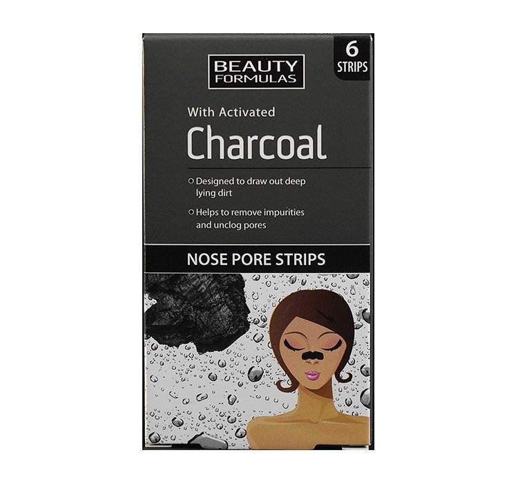 Beauty Formulas, Charcoal, płatki oczyszczające na nos z aktywnym węglem, 6 szt.