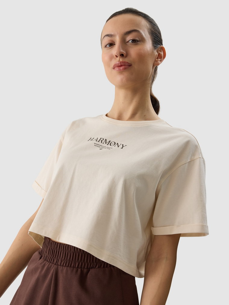 T-shirt crop top z nadrukiem damski - kremowy