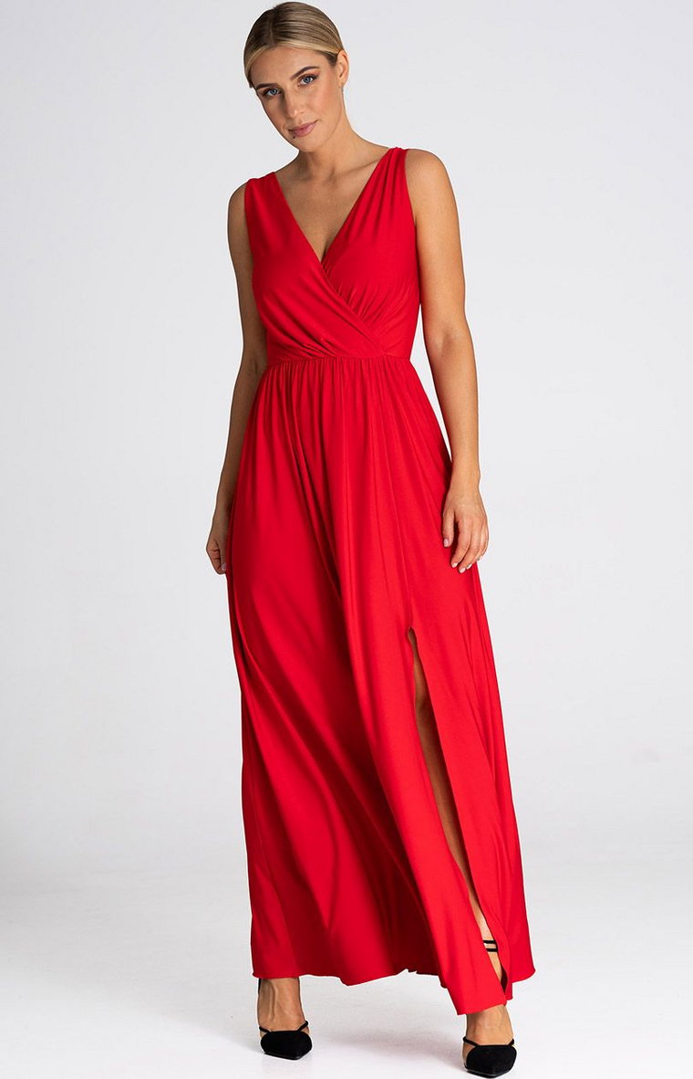 Długa sukienka z rozcięciem czerwona M960, Kolor czerwony, Rozmiar L, Figl
