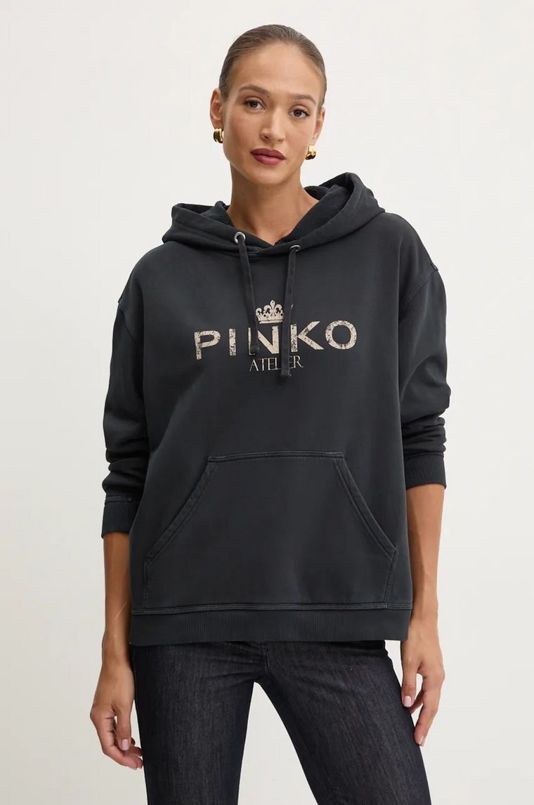 Pinko bluza bawełniana damska kolor czarny z kapturem z nadrukiem 104388 A27V