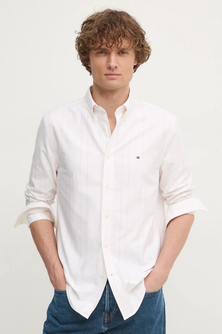 Tommy Hilfiger koszula bawełniana męska kolor beżowy regular z kołnierzykiem button-down MW0MW37569