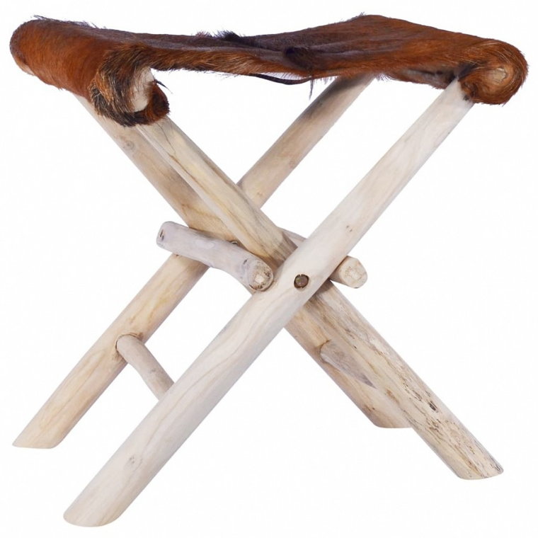 Składany stołek, skóra naturalna i lite drewno tekowe kod: V-288815
