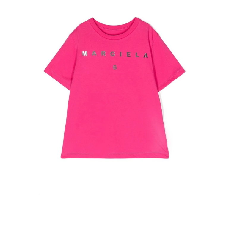 Fuchsia Bawełniana Koszulka z Metalicznym Nadrukiem Logo Maison Margiela