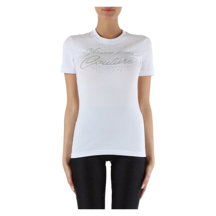 T-shirt z elastycznego bawełny z logo z kryształkami Versace Jeans Couture