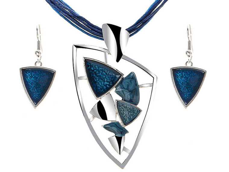 Modny Komplet Biżuterii Niebieskie Kamienie Rzemyk