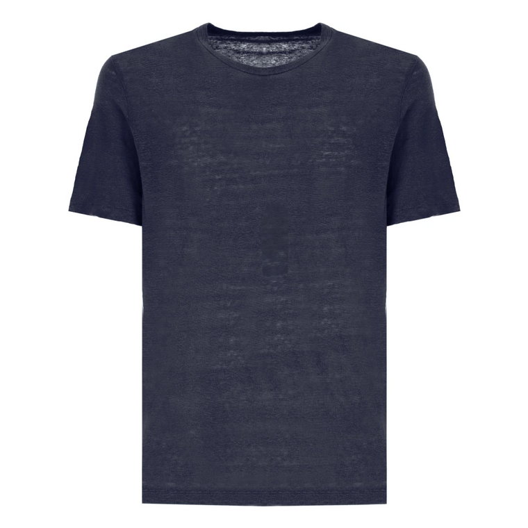 Niebieski T-shirt z Lnu Okrągły Dekolt Krótkie Rękawy Hartford