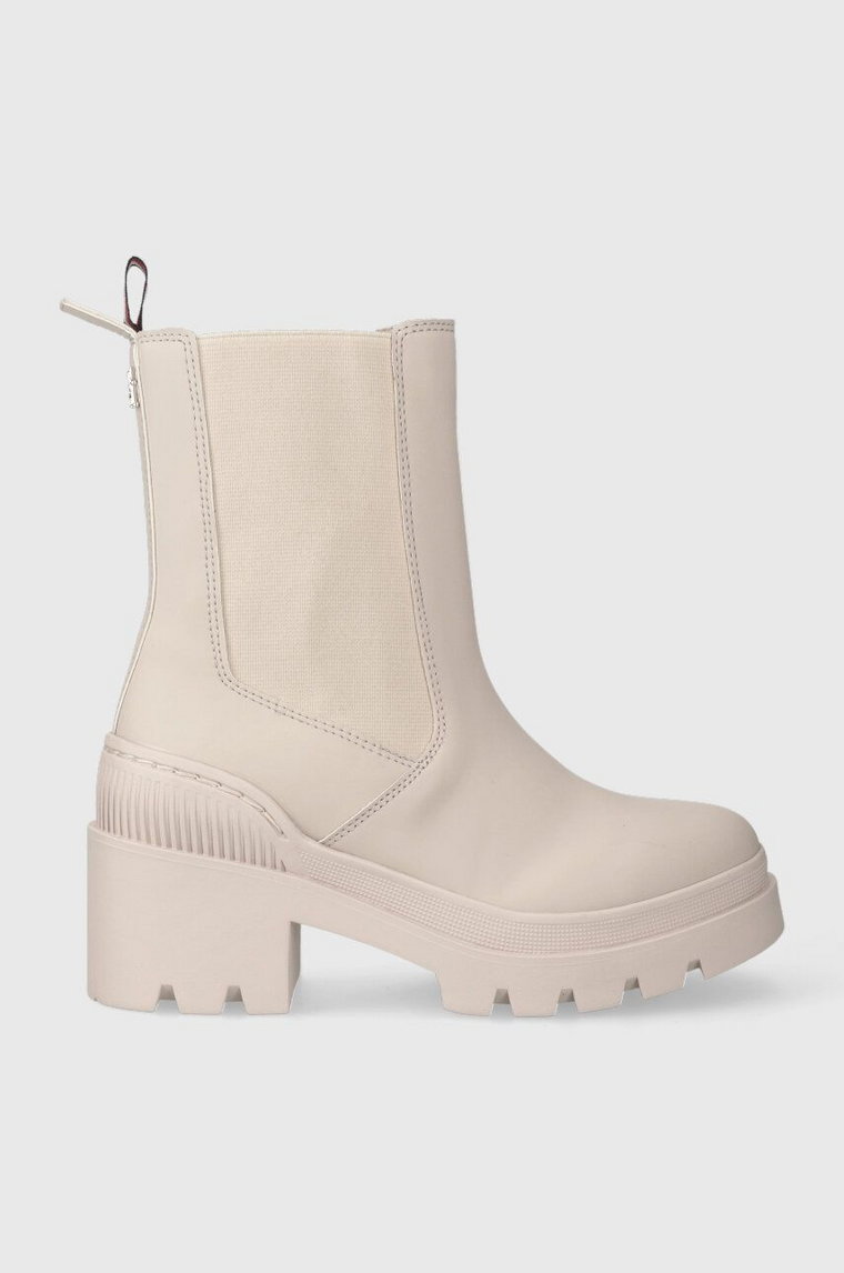 Tommy Hilfiger sztyblety RUBBERIZED MID HEEL BOOT damskie kolor beżowy na słupku FW0FW07520