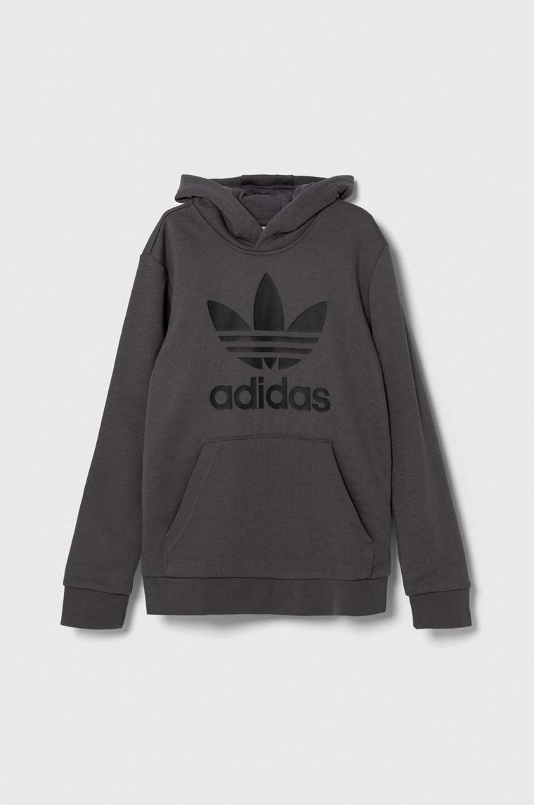 adidas Originals bluza dziecięca TREFOIL kolor szary z kapturem z nadrukiem