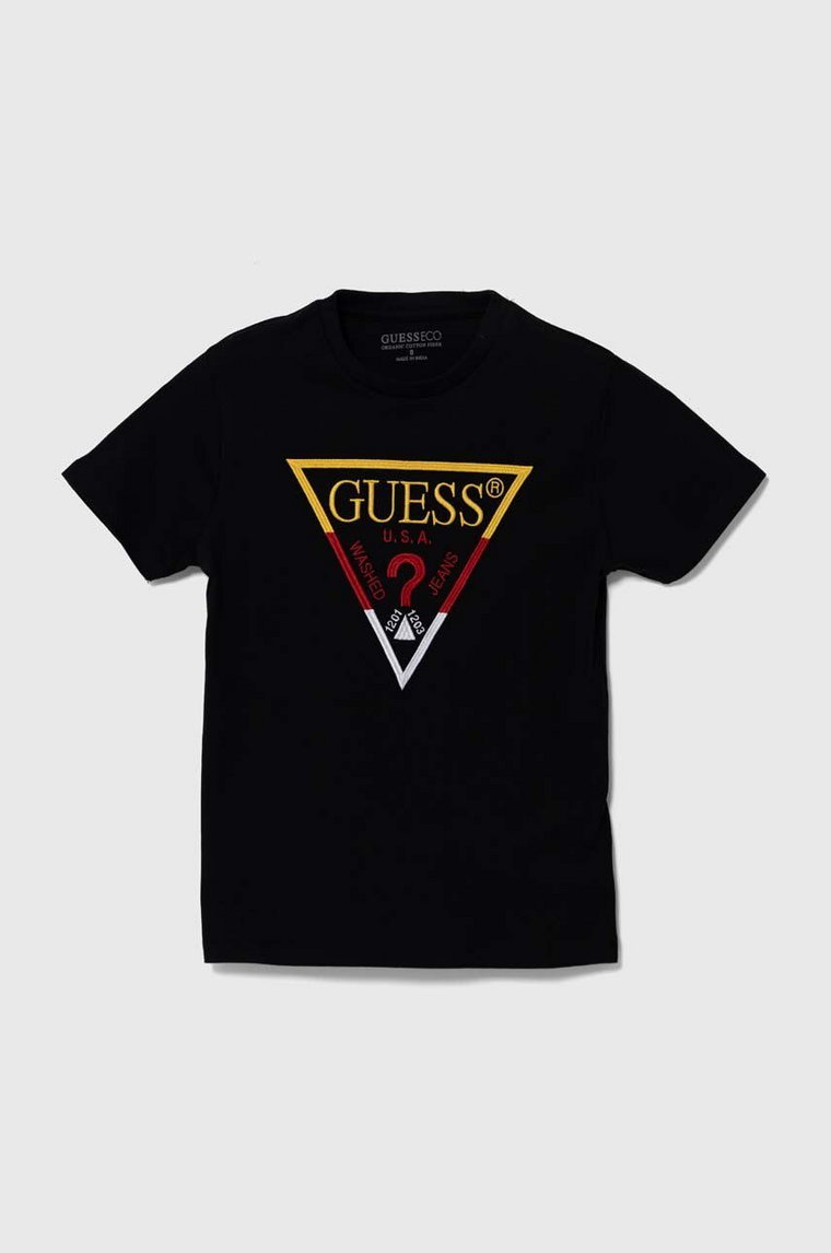 Guess t-shirt bawełniany dziecięcy kolor czarny z aplikacją L4YI06 K8HM4