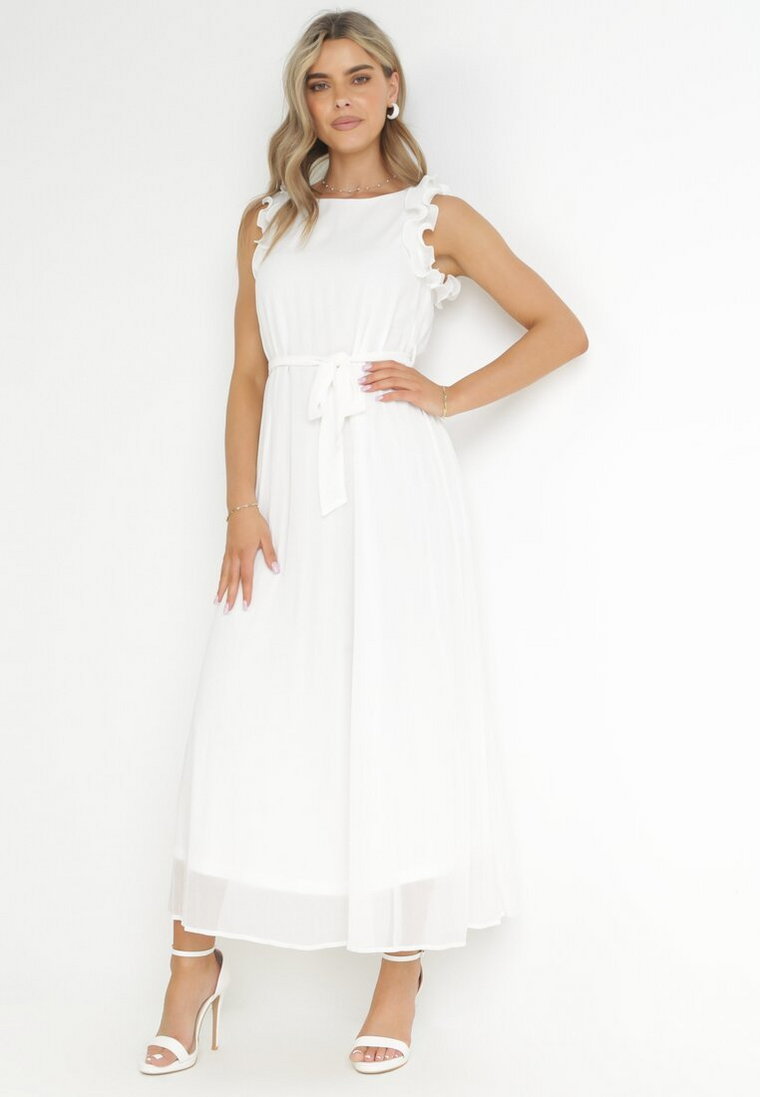 Biała Plisowana Sukienka Maxi z Falbankami Avalie