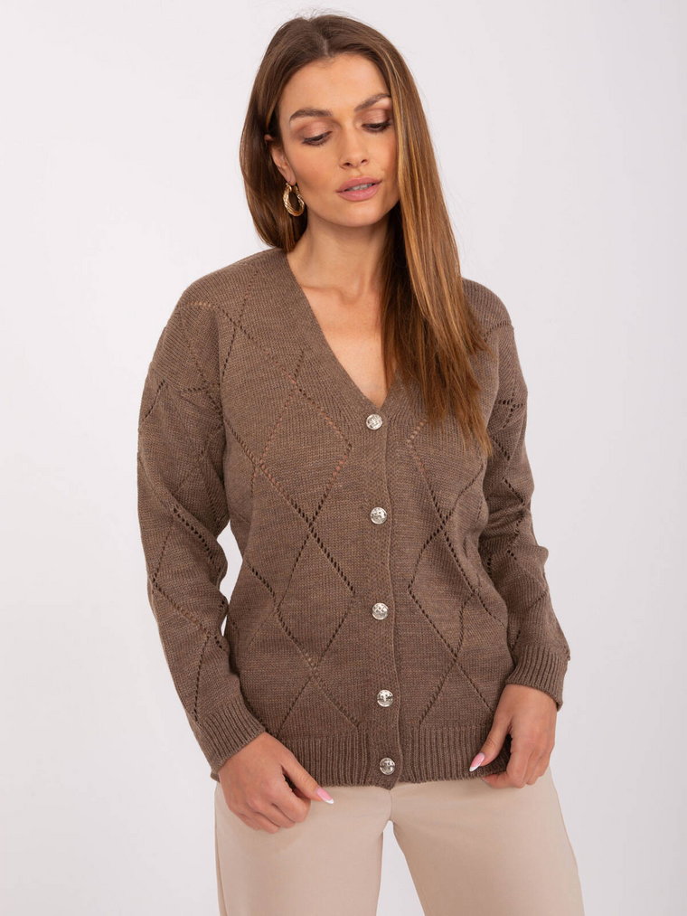 Sweter rozpinany brązowy casual ażurowy dekolt w kształcie V rękaw długi