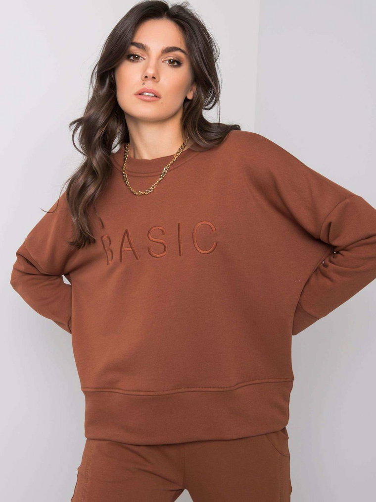 Bluza bez kaptura ciemny brązowy casual dekolt okrągły rękaw długi